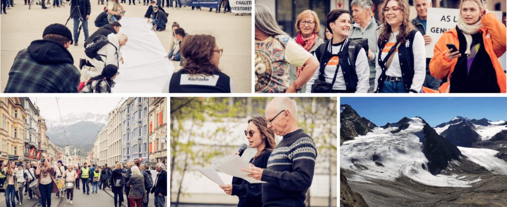 Das Bild zeigt fünf verschiedene Bilder. Auf einem davon erkennt man die Gletscherlandschaft, um die es geht. Die vier anderen sind Bilder der Übergabe der Petition an die Tiroler Landesregierung: Eindrücke vom Demozug selbst, von der 18 Meter langen Papierrolle, die die fast 170.000 Unterzeichner_innen enthält und von der Rede von Petitionsstarter Gerd und seiner Tochter Tina.