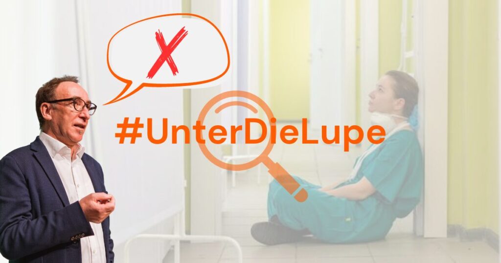 Links im Bild Gesundheitsminister Johannes Rauch – mit Ausreden im Gepäck. Rechts am Boden sitzend eine Pflegekraft. Zentriert steht in großen Lettern: #UnterDieLupe