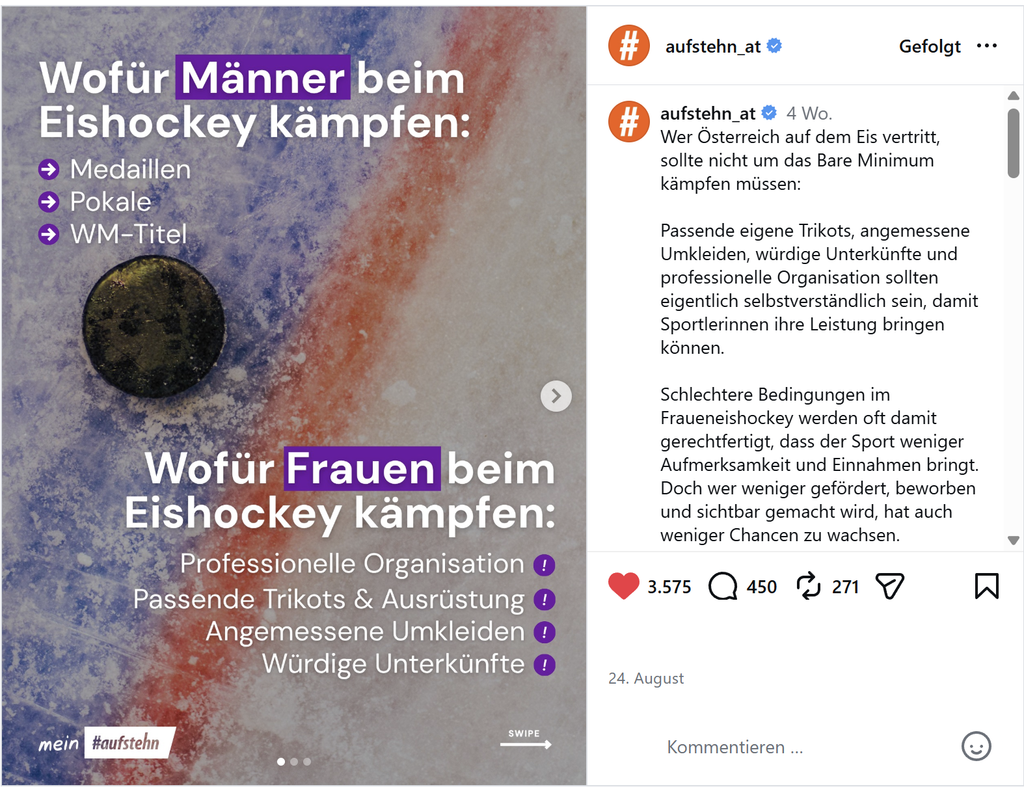 Ein Instagram Beitrag auf dem ein Puck am Eis zu sehen ist. Darüber steht: Wofür Männer beim Eishockey kämpfen: Medaillen, Pokale, WM-Titel. Wofür Frauen beim Eishockey kämpfen: Professionelle Organisation, Passende Trikots & Ausrüstung, Angemessene Umkleiden, Würdige Unterkünfte